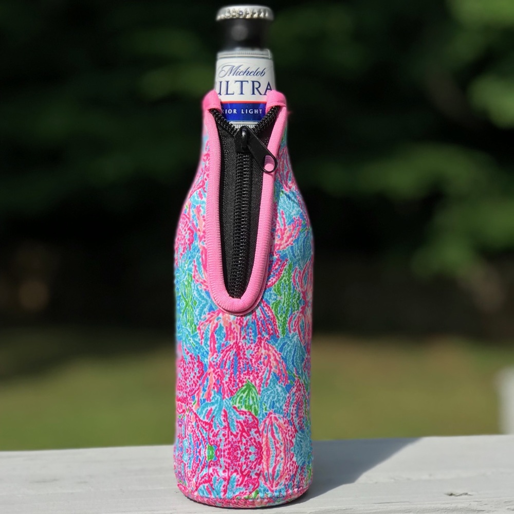 Get TWO! Pastel coral patterned beer koozie New!